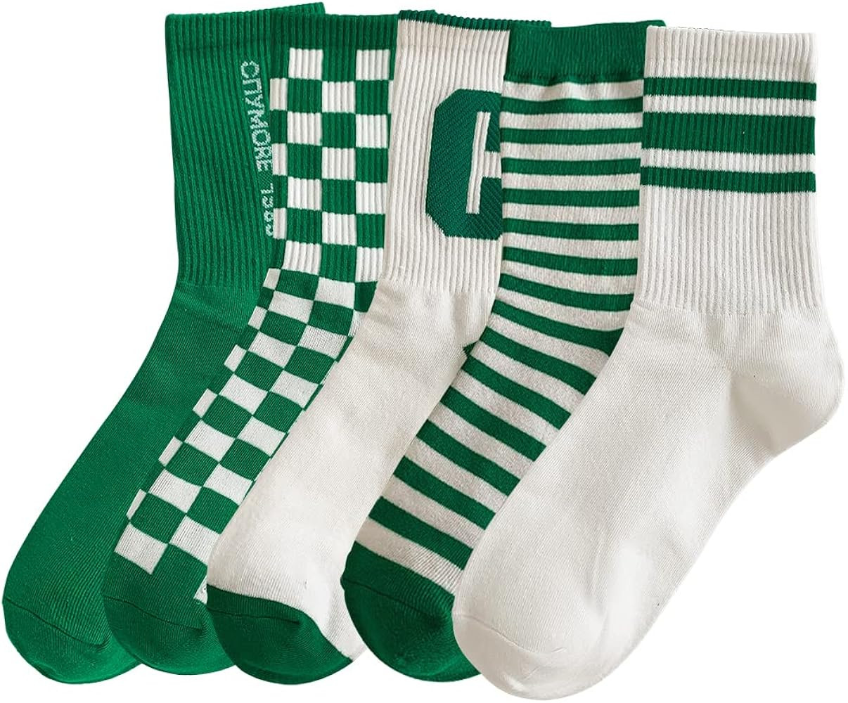 5 Pairs Cute Big C Letter Crew Socks Checkerboard Socks Striped Socks for Women Socks | Amazon (US)