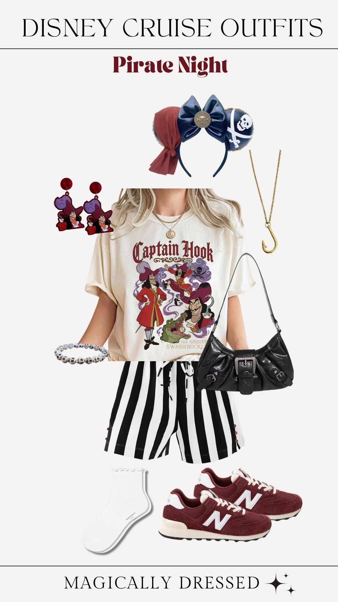 Captain Hook vibes for Pirate Night! This graphic tee paired with striped shorts gives the perfect pirate look without feeling like a costume. Finished with comfy sneakers, pirate Minnie ears, villain earrings, a gold hook necklace, and a black shoulder bag. It’s cute, comfy, and cruise-ready for deck parties and fireworks ⚓️✨

#LTKTravel