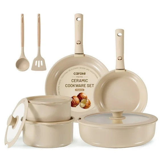 Carote Ceramic Cookware Set, Non Toxic Detachable Pots and Pans, 13 Pcs Induction Cookware, Taupe | Walmart (US)