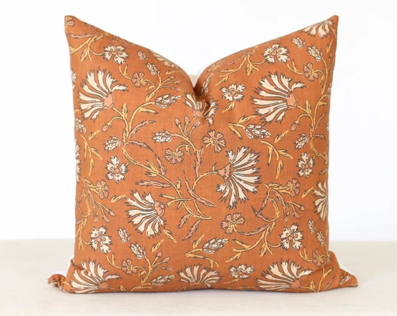 Orange Throw Pillow, Wildflower Pillow Cover, Rust and Cream Pillow Cover, Pillow Covers 20x20, B... | Etsy (US)