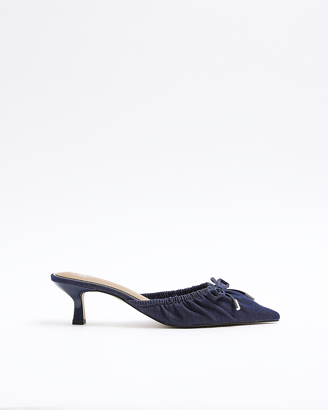 Blue denim ruched kitten heel court shoes | River Island (UK & IE)