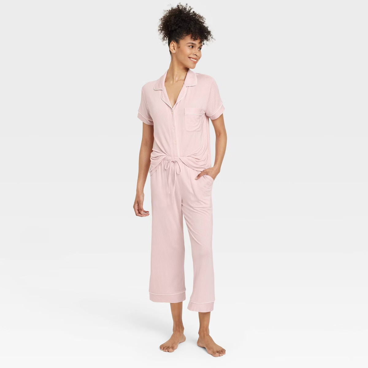 Women's Cloud Knit Short Sleeve Notch Collar Top and Cropped Pants Pajama Set - Auden™ | Target