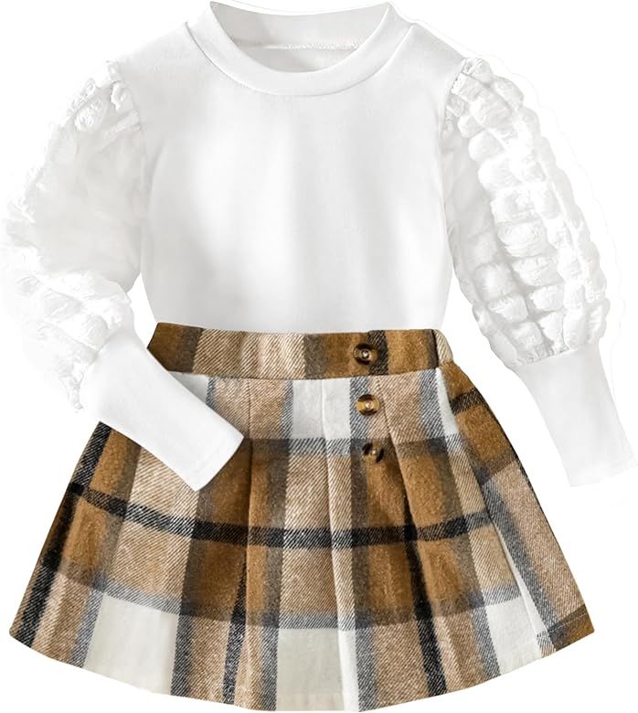 DONWEN Toddler Little Girl Fall Winter Clothes Puff Sleeve Tops Plaid Mini Skirts 2Pcs Outfits Se... | Amazon (US)