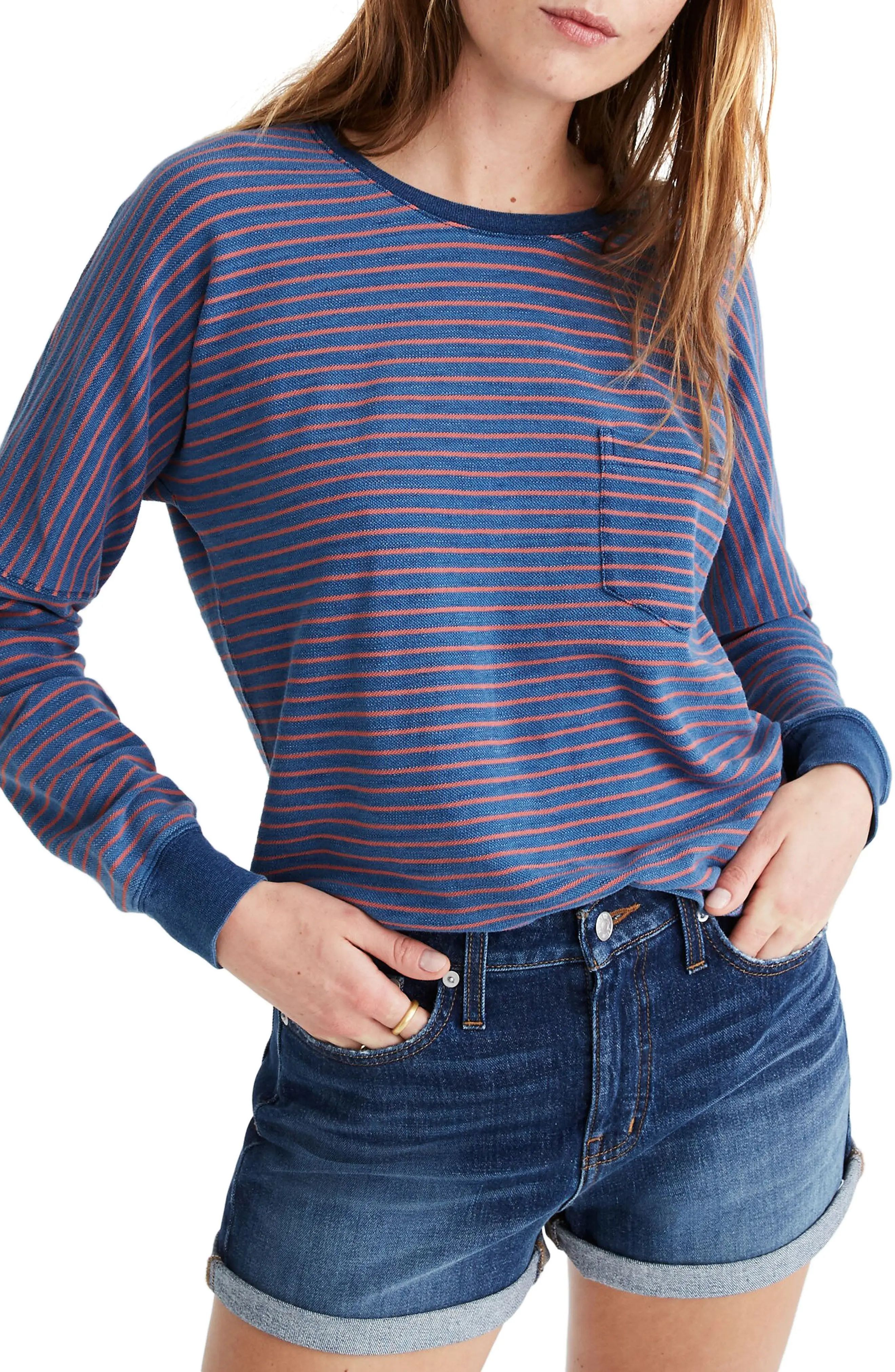 Women's Madewell Indigo Stripe Drop Sleeve Pocket T-Shirt, Size X-Large - Blue | Nordstrom