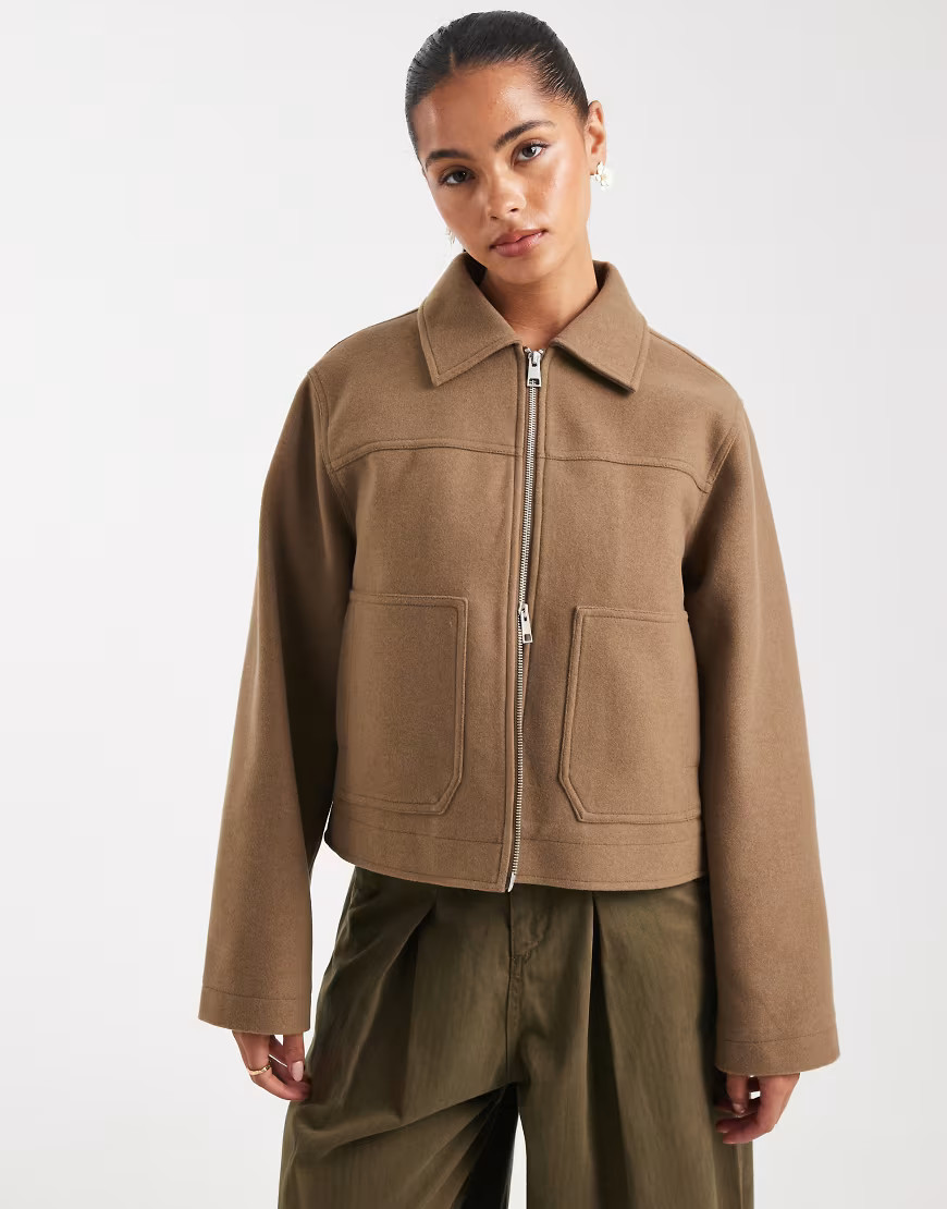 ASOS DESIGN top collar zip through jacket in camel-Green | ASOS (Global)