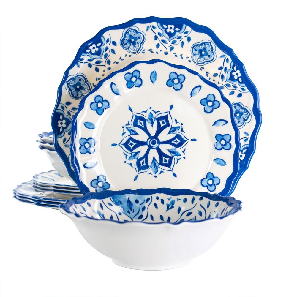 Elama 12-Piece Blue Garden Scalloped Melamine Dinnerware Set (Service for 4) | The Home Depot