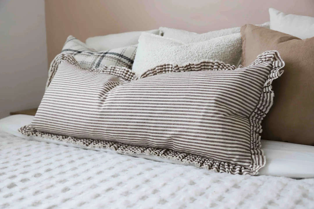 Darcy Dark Brown Stripe Ruffle Cushion 80x30 - Etsy Canada | Etsy (US)