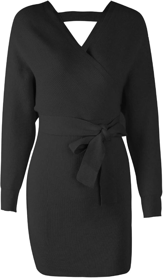 Mansy Women's Sexy Cocktail Batwing Long Sleeve Backless Mock Wrap Knit Sweater Mini Dress | Amazon (US)