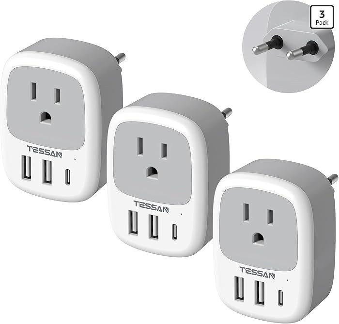 3 Pack European Travel Plug Adapter, TESSAN US to Europe Plug Adapter with 3 USB Ports (1 USB C),... | Amazon (US)