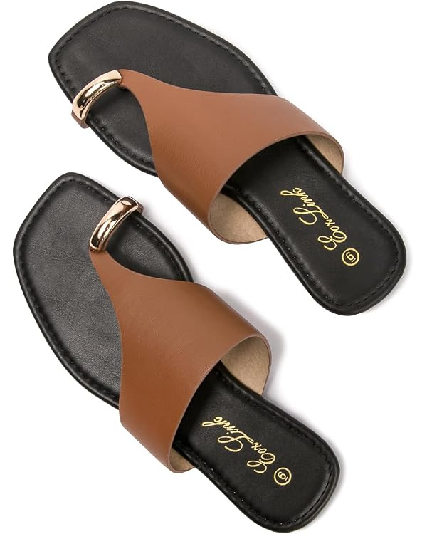 Eozlink Women's Toe Ring Flat Sandals, Slip On Dressy Summer Slides | PU upper with square toe an... | Amazon (US)