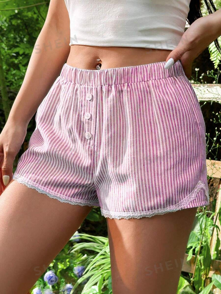 SHEIN EZwear Women Summer Casual Striped Shorts With Button Decoration And Lace Trim | SHEIN