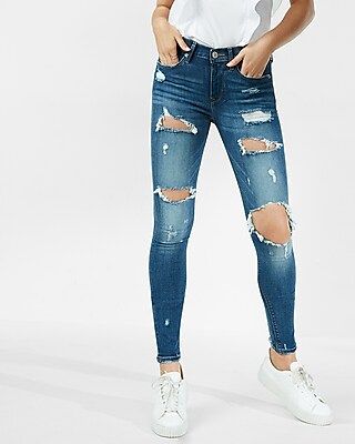 Petite Mid Rise Dark Wash Distressed Stretch Jean Legging | Express