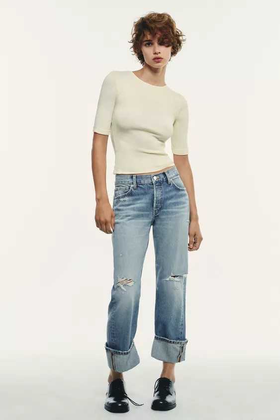 TRF MID-RISE RIPPED STRAIGHT JEANS | Zara US