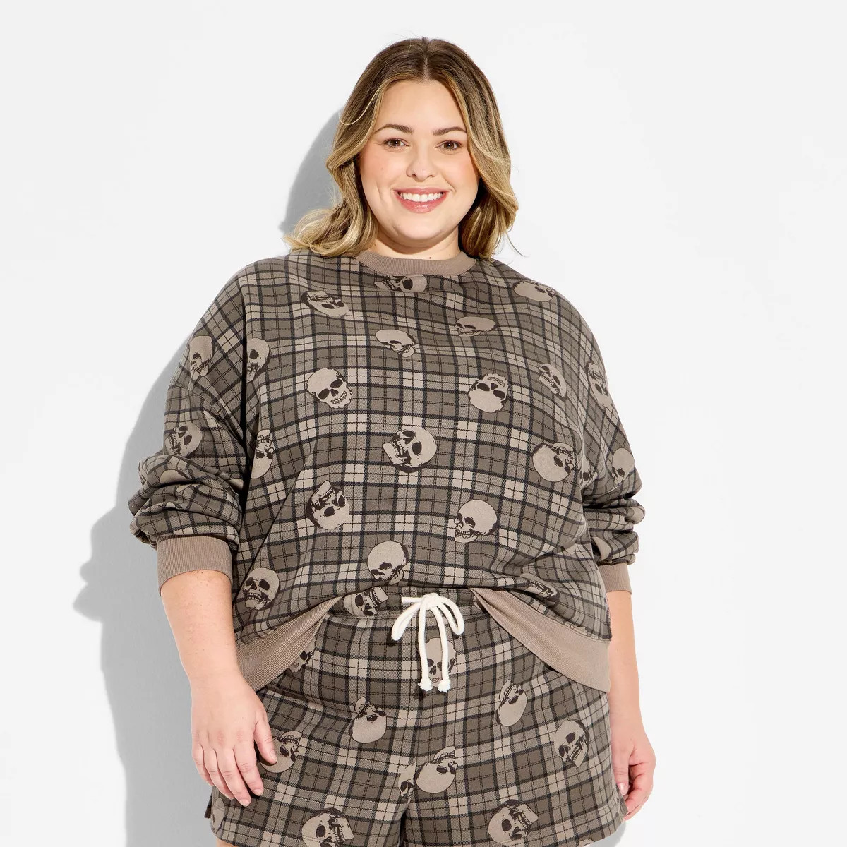 Women's Crewneck Plaid Skulls Graphic Pullover Sweatshirt - Brown 1X | Target