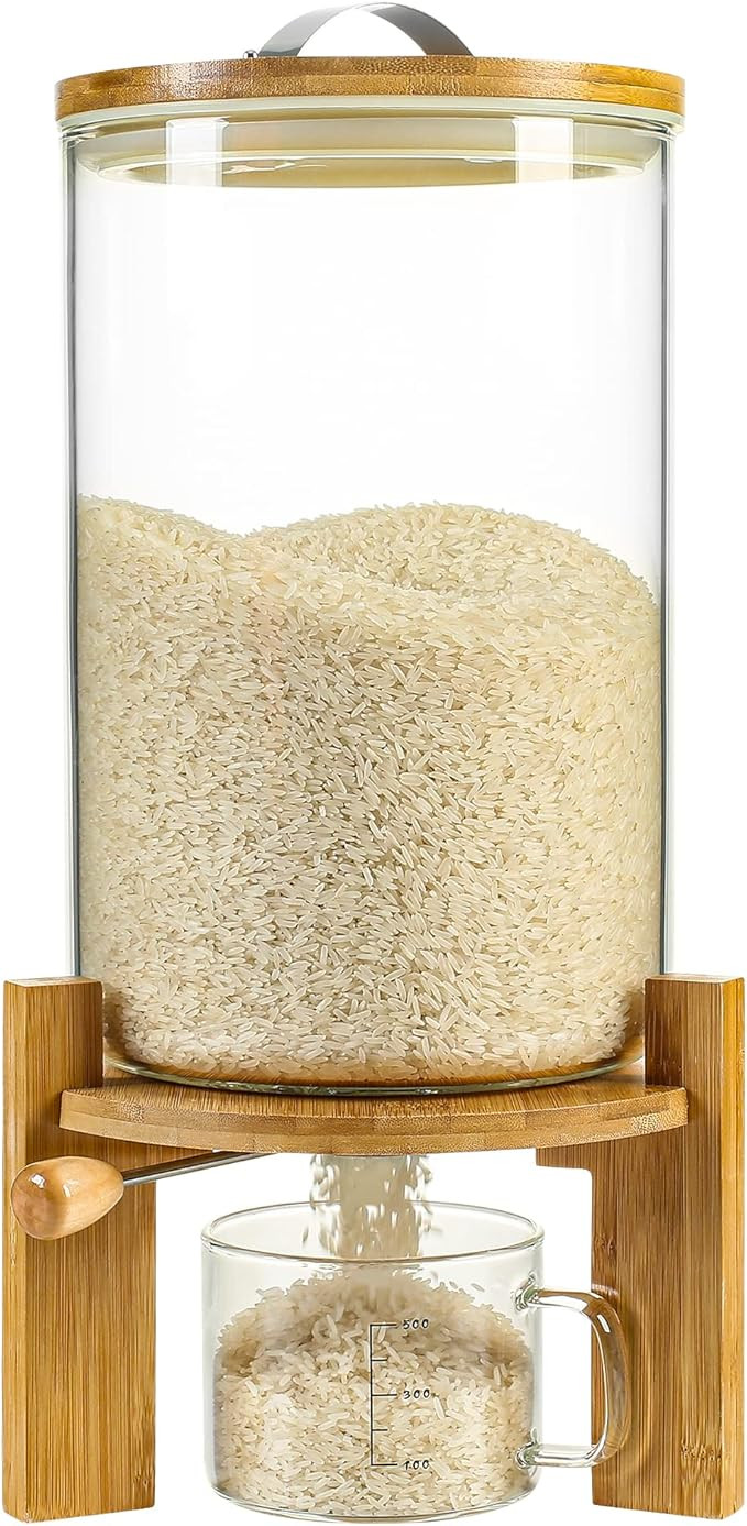 Rice Dispenser, Rice Storage Container：Flour and Cereal Container with Airtight Lid and Wooden ... | Amazon (US)