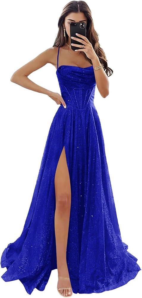 Women's Glitter Tulle Prom Dresses with Spaghetti Straps for Teens Cowl Neck Long Formal Evening ... | Amazon (US)