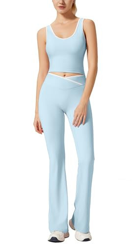 RXRXCOCO Workout Sets For Women 2 Piece Gym Yoga Pilates Outfits Active Matching Set Flare Leggings Scrunch Butt Lifting Sky Blue M | Amazon (US)