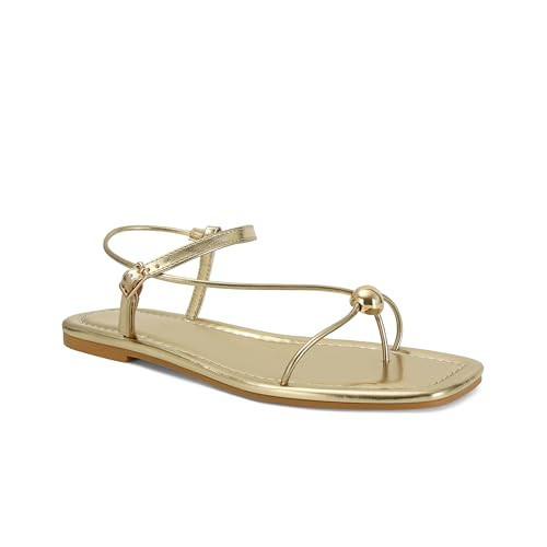 XBKXMK Gold Strappy Flat Sandals for Women Comfortable Open Square Toe Slingback Sandals Dressy Beach Thong Flip Flop Slides Sandals | Amazon (US)