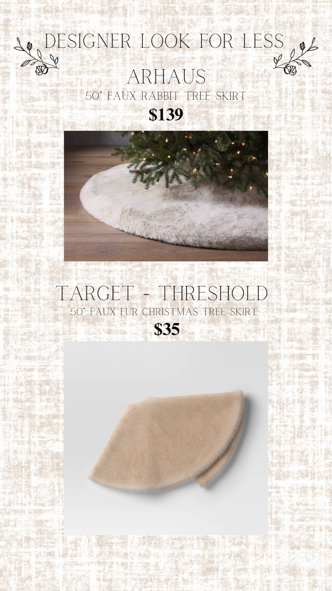 🚨 DESIGNER LOOK FOR LESS 🚨

This is such a great find! I was eyeing a faux fur tree skirt for my trees this year, I came across this one from Target - Threshold for $35 and learned that Aarhus’s has a very similar one (same size + all) for $139! Pictures do not do the Target tree skirt justice at all! In person, the Target skirt is much more natural, soft browns and soft whites, very realistic + luxurious looking! I love how cozy it makes my Christmas trees look and feel - def a muag this season if you’re looking for an expensive *looking* tree skirt 😊

#christmastreedecor #christmastreeskirt #kingofchristmas #christmashomedecor 

#LTKhome #LTKfindsunder50 #LTKfindsunder100