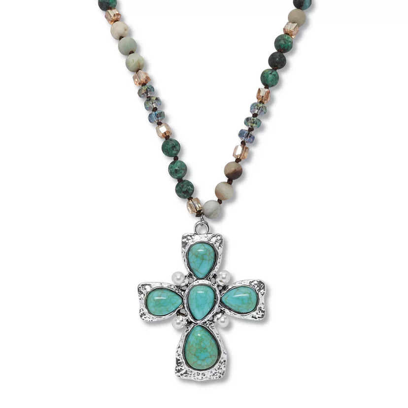 Genuine Jasper, Amazonite and Freshwater Pearl Silvertone Cross Necklace 32 Inch | Belk