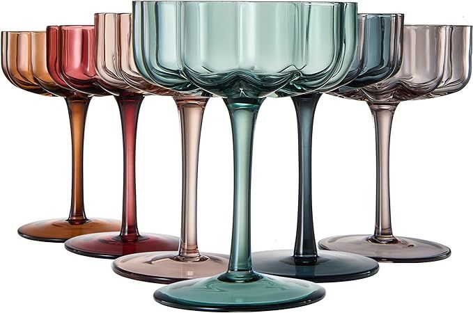 Flower Vintage Wavy Glass Coupes Martini, Champagne & Cocktail Coupes - Set of 6 - Muted Colors 7... | Amazon (US)