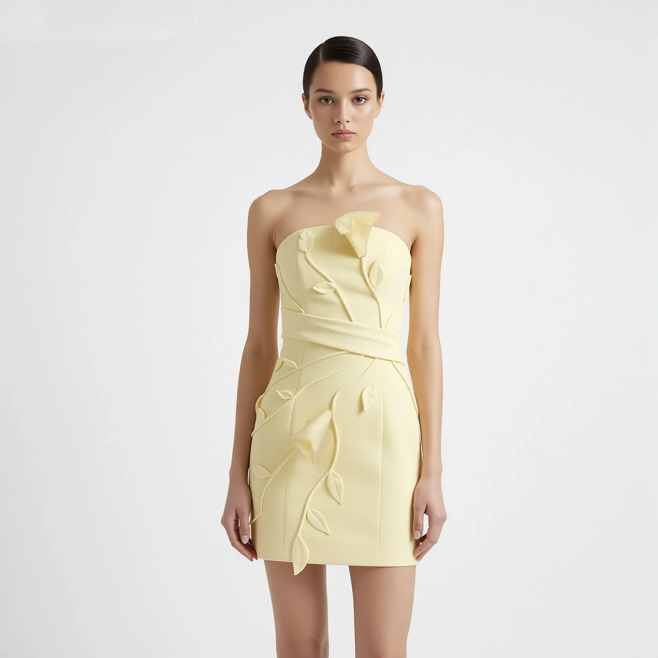 3D Floral Appliqué Strapless Mini Dress - Yellow | JW PEI US