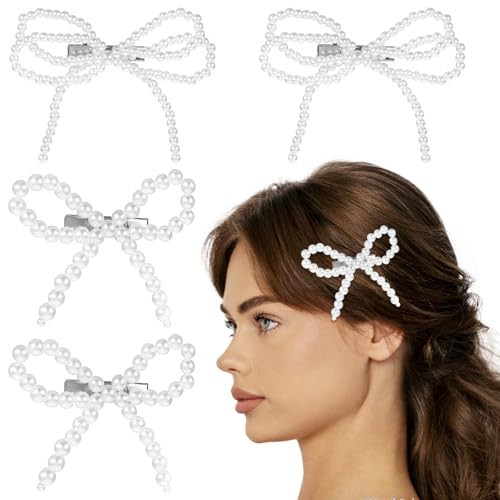 4Pcs Pearl Bow Hair Clip Cute Pearl Hair Barrettes Faux Pearl Hairpin Elegant Hair Pins Silver Duckbill Hair Clips White Headwear Decorative Bobby Pin Minimal Pearl Hair Accessories for Girls Women | Amazon (US)