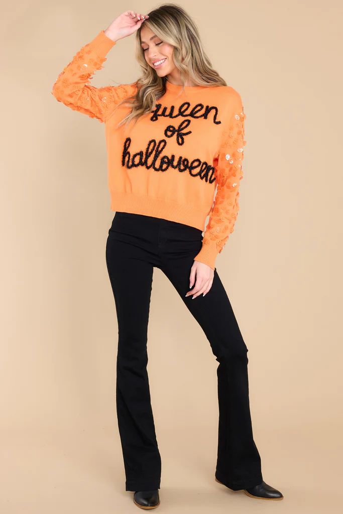 Queen Of Halloween Glitter Script Orange Sweater | Red Dress 