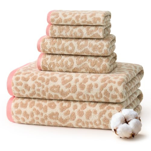 REDKISS Leopard Print Towel Set of 6,100% Cotton Bathroom Towels,Quick Dry & Absorbent,2 Bath Towel, 2 Hand Towel, 2 Washcloth-Light Brown | Amazon (US)