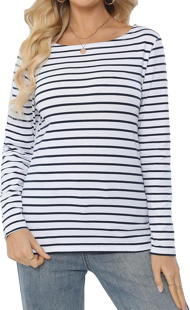 LilyCoco Womens Striped Long Sleeve Shirt Boat Neck Tops Breton Loose Fit Tshirt | Amazon (US)