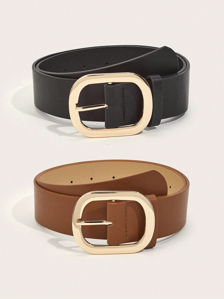2pcs Unisex Oval Buckle Pu Leather Belts Set, Suitable For Daily Casual Wear With Jeans Summer, School Fall, Autumn, Halloween | SHEIN
