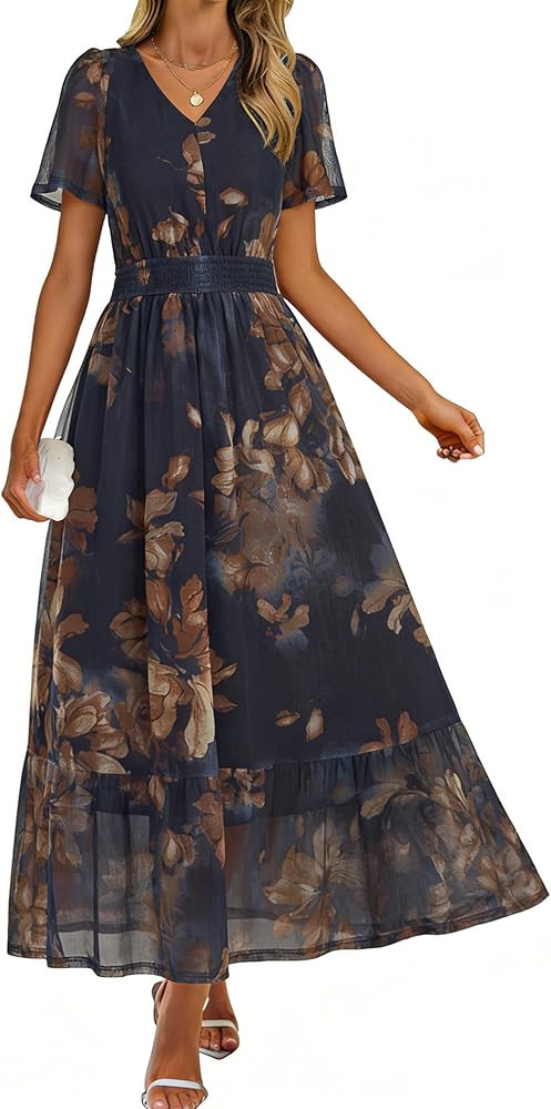 Simplee Womens Summer Floral Maxi Dress Boho Wedding Guest Long Dress Short Sleeve V Neck Vacatio... | Amazon (US)