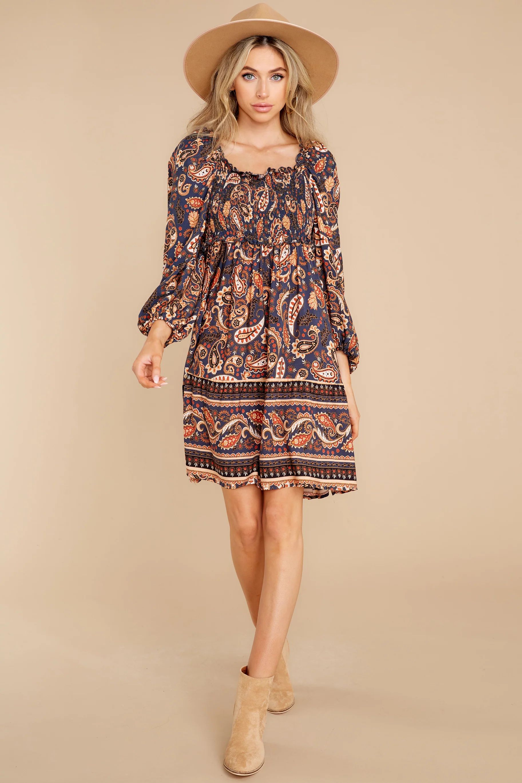 Flying South Indigo And Rust Multi Print Dress | Red Dress 