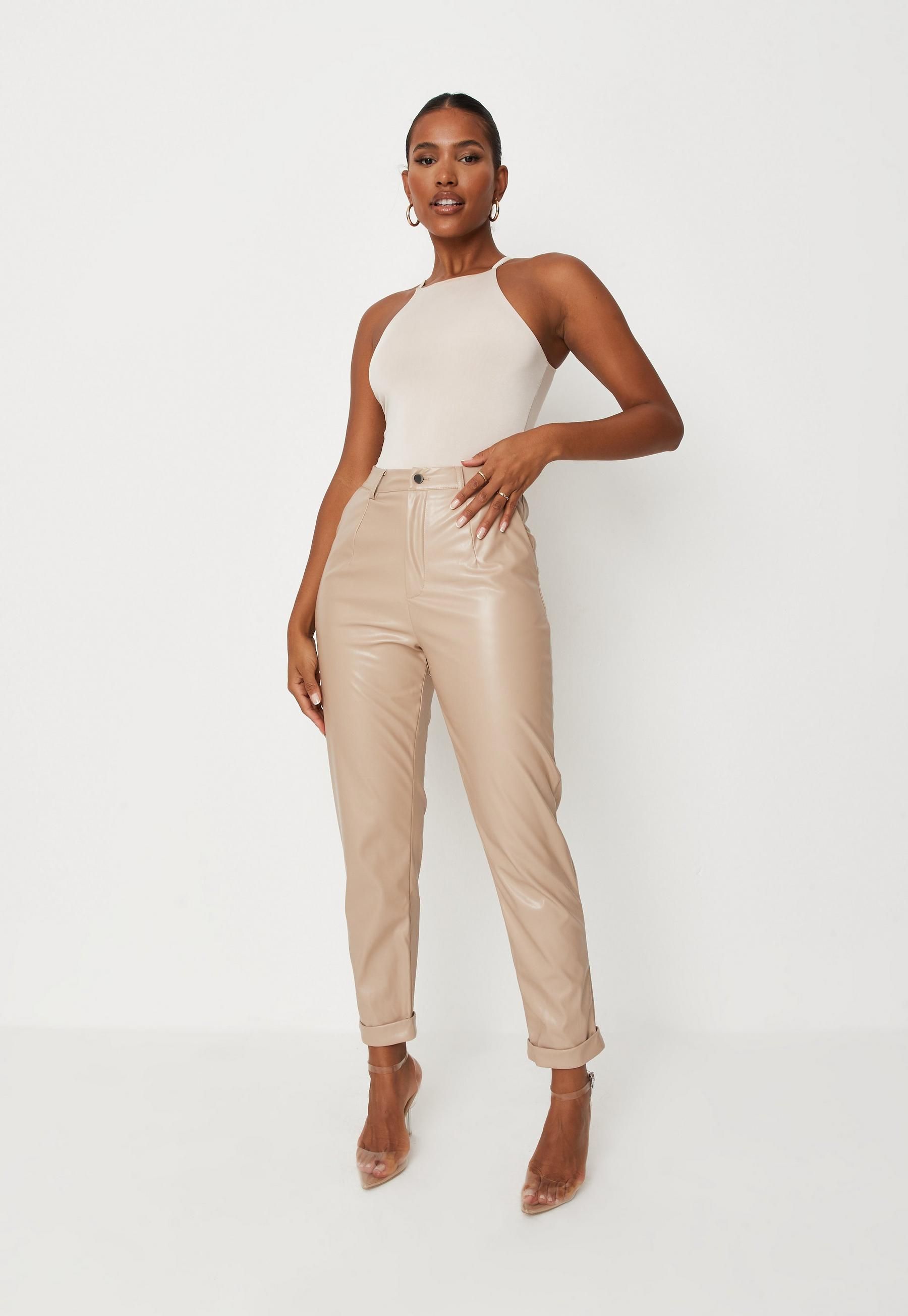 Missguided - Camel Faux Leather Turn Up Cigarette Pants | Missguided (US & CA)