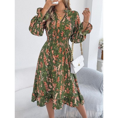 Womens Floral Long Sleeve Dress Smocked Long Flowy Midi Boho A Line Dresses For Women Green XL | Target