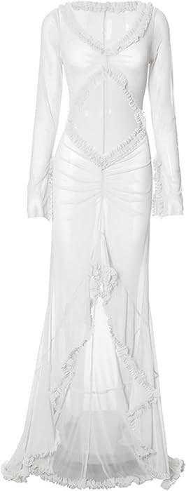 Women Long Sleeve Mesh Ruched Ruffle Floor Length Dress V Neck Cut Out Split Asymmetrical Beach B... | Amazon (US)