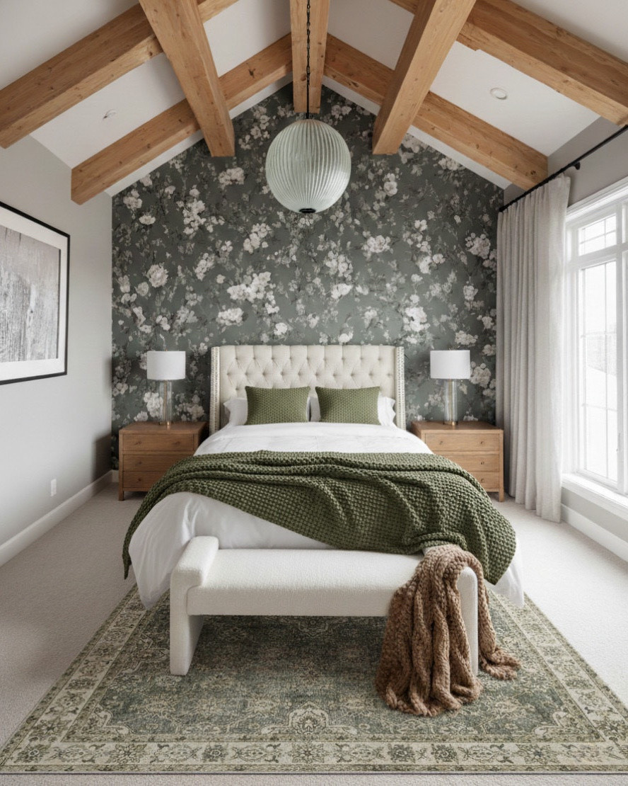 A fresh take on cozy sophistication. This vaulted bedroom layers soft neutrals with organic green tones for a calming yet elevated retreat. The floral accent wall adds romantic charm and depth, framed by natural wood beams that draw the eye upward. Textured bedding and a chunky knit throw invite warmth and comfort, while the tufted headboard and tailored bench keep the look refined. Finished with modern glass lamps and light oak nightstands, this space feels grounded, serene, and effortlessly welcoming.

Shop the look:
Tufted upholstered bed | Green knit throw | Oak nightstands | Glass table lamps | Botanical wallpaper | Neutral bench | Vintage-inspired rug | Chunky knit blanket | Vaulted wood beam ceiling | Modern pendant light

#LTKsale #LTKhome #LTKstyletip