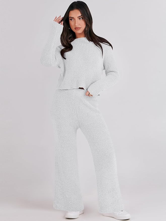 ANRABESS Women's Two Piece Outfits Chunky Knit Fuzzy Sweater Set Long Sleeve Crop Pullover Wide L... | Amazon (US)