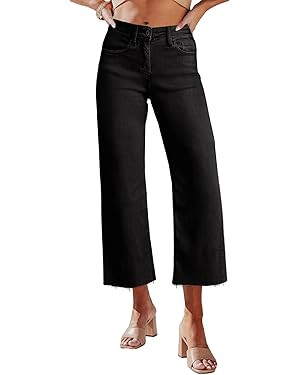 Allimy Women's High Waisted Straight Ankle Wide Leg Ripped Jeans Frayed Hem Stretchy Capri Denim ... | Amazon (US)