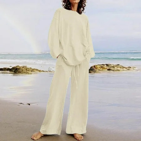 Hvyesh Linen Sets for Women Plus Size Long Sleeve Top Loose Pants 2 Piece Outfit Summer Beach Linen Sets Lounge Tracksuits | Walmart (US)