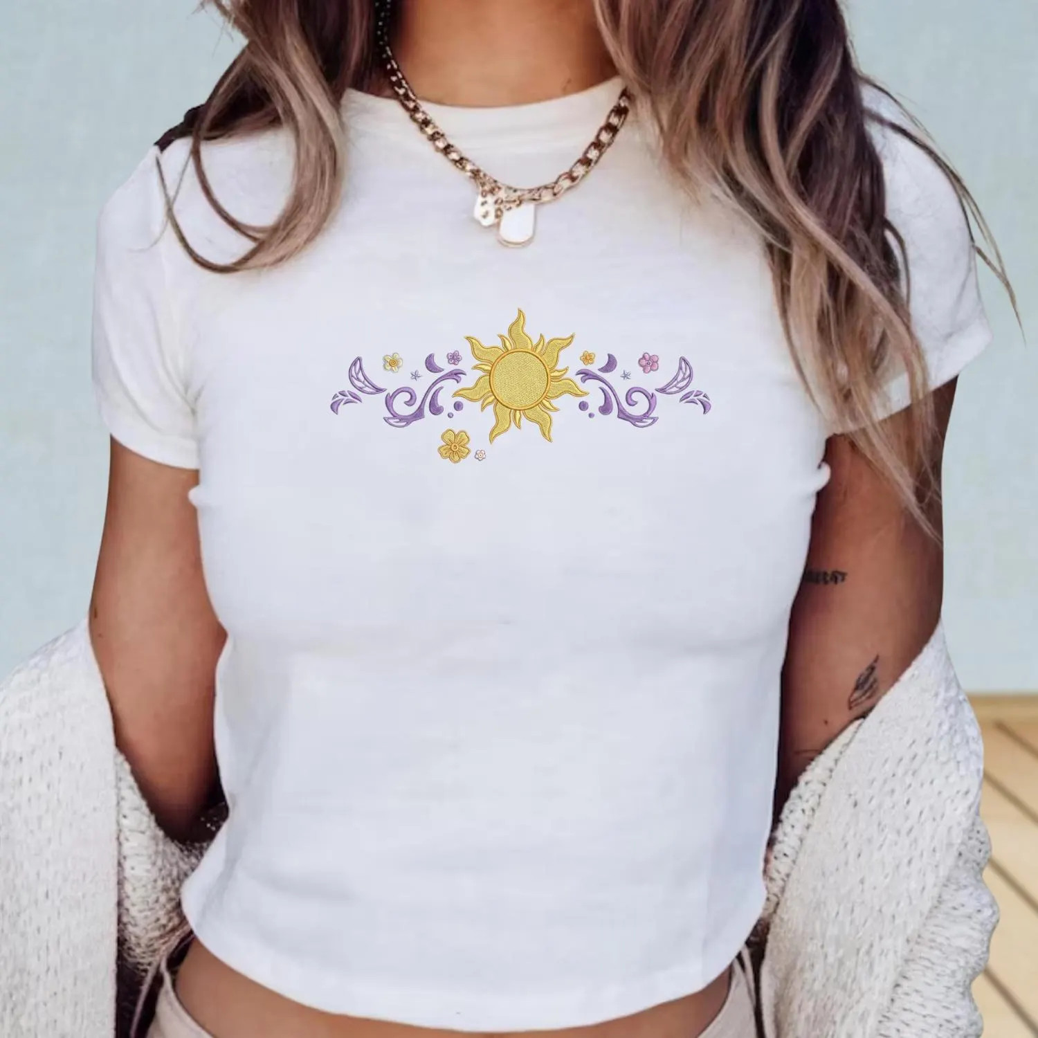 Rapunzel Sun Embroidered Baby Tee, Tangled Inspired Women Top, Princess Embroidery Crop Top, Disneyland Trip Tee, Birthday Gift For Her | Etsy (Global)