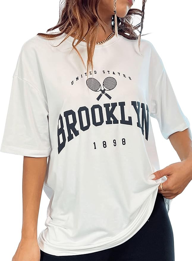 Verdusa Women's Casual Crewneck Short Sleeve Letter Graphic Drop Shoulder Oversized Tee T Shirt | Amazon (US)