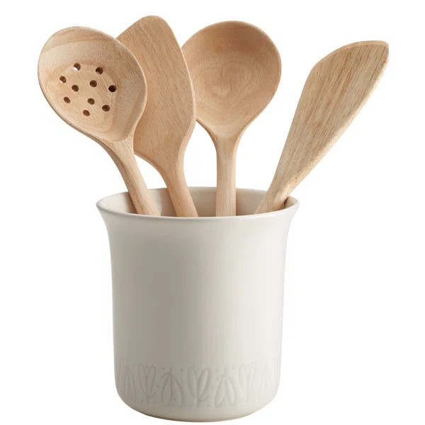Ayesha Collection Parawood Cooking Tool And Ceramic Crock Set, 4-Piece | Wayfair North America