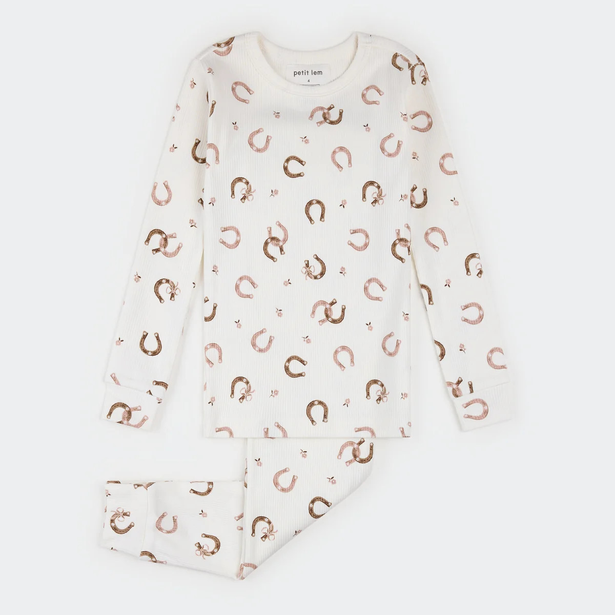 Horseshoe Print on Ivory Ribbed PJ Set | Petit Lem