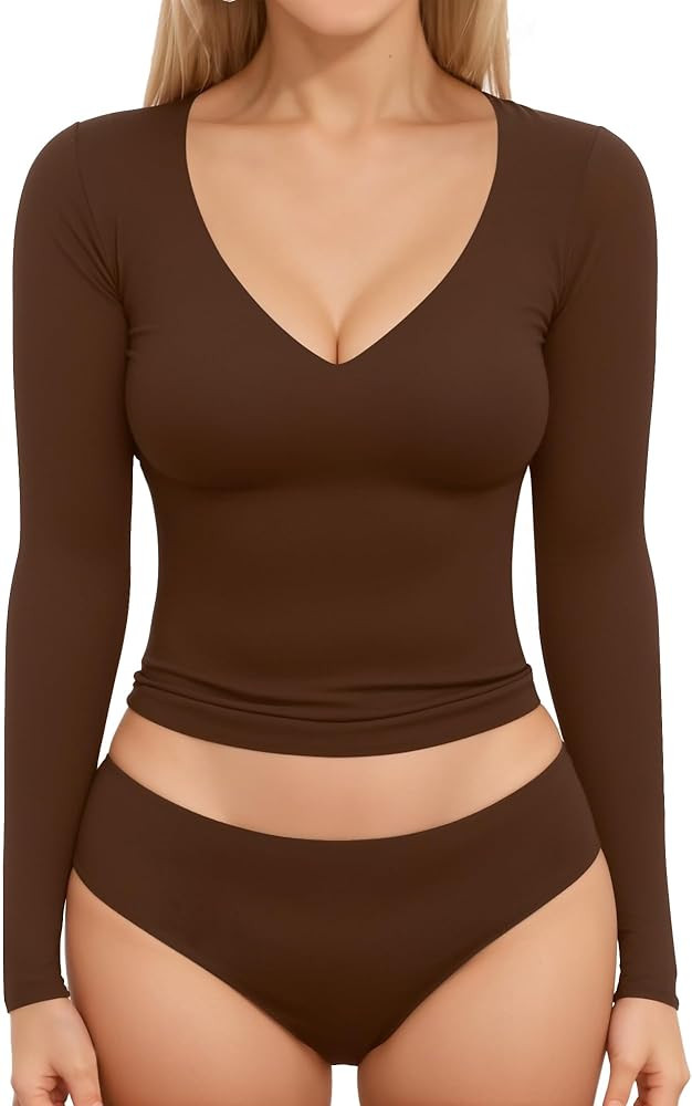 MANGOPOP Women's Double Lined Long Sleeve Tops V Neck T Shirts Fitted Basic Tee | Amazon (US)