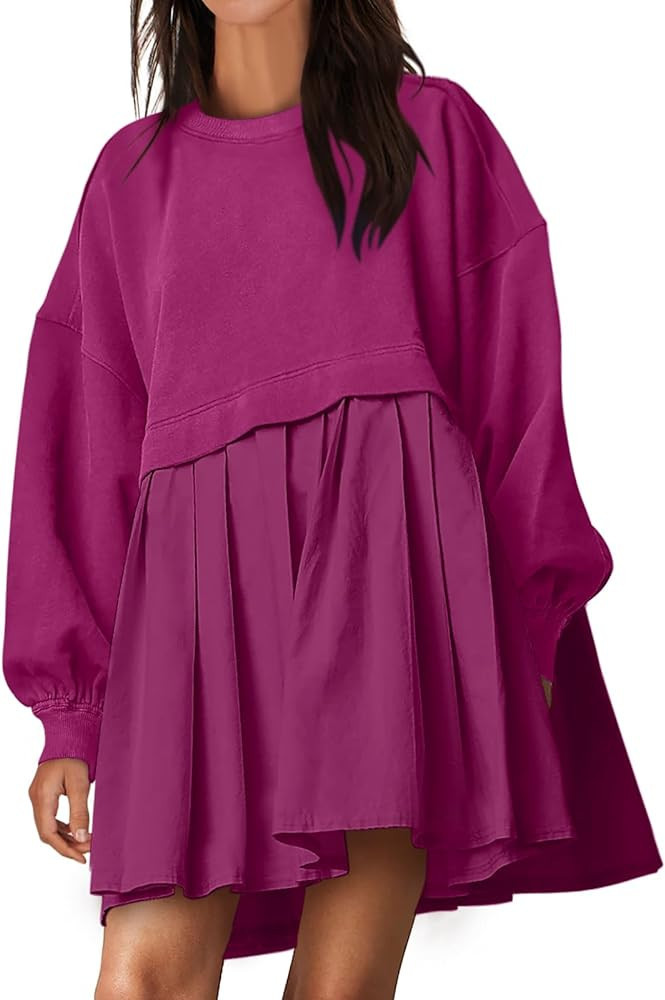 ANRABESS Women Oversized Sweatshirts Hoodie Dress Long Sleeve Crewneck Casual Baggy Patchwork Ple... | Amazon (US)
