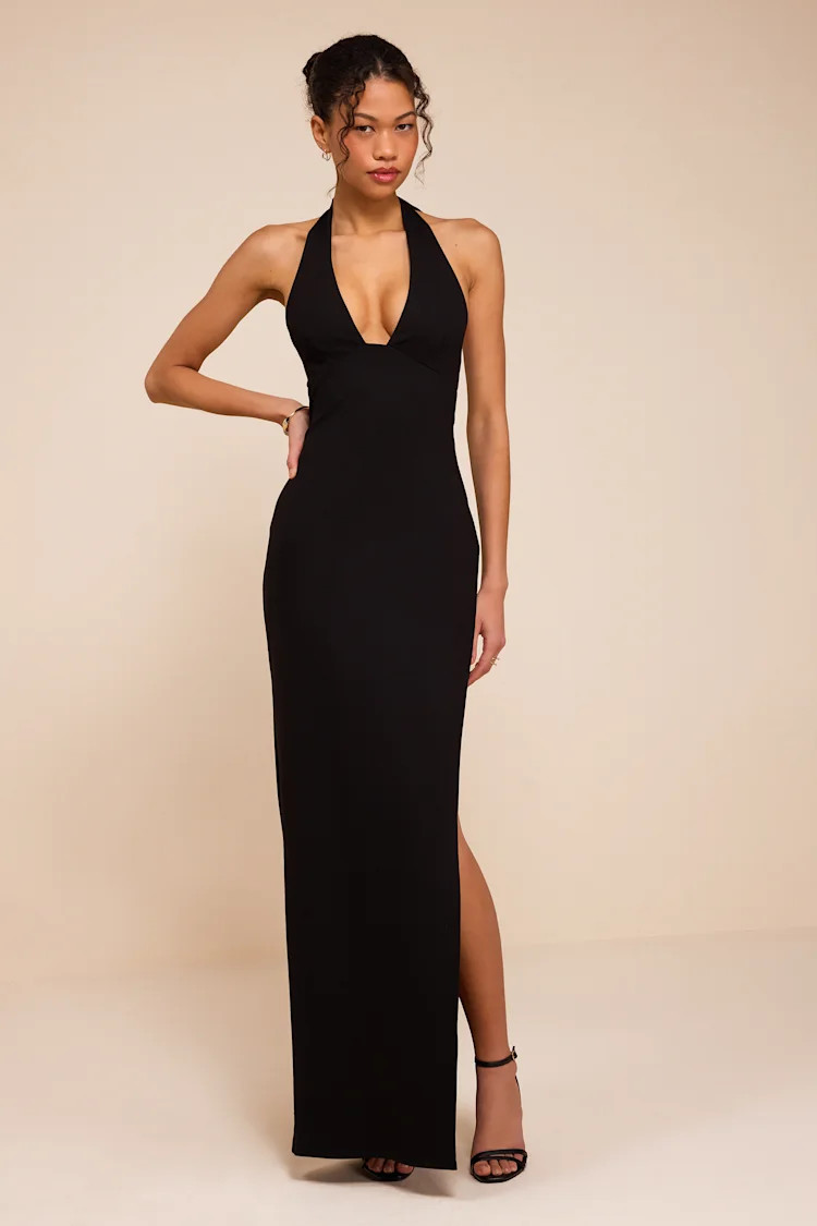 Ellisyn Black Ponte Knit Halter Maxi Dress | Lulus