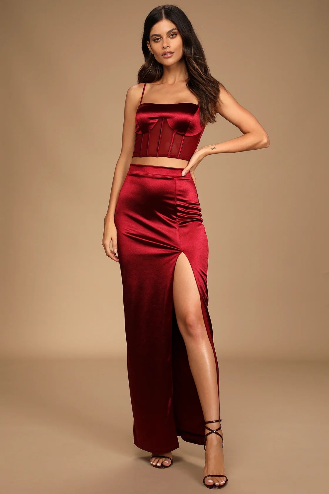 Iconic Nights Burgundy Satin Bustier Two-Piece Maxi Dress | Lulus (US)