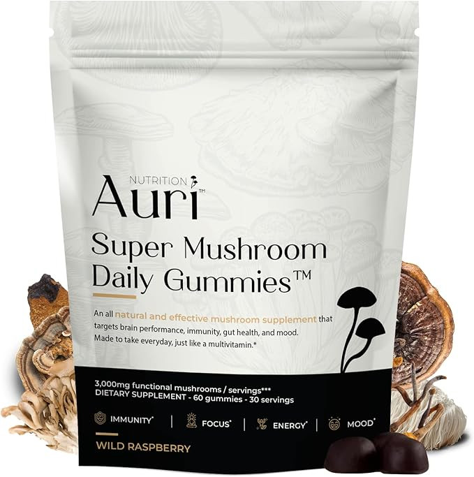 Auri Super Mushroom Daily Gummies - All-in-One Daily Mushroom Supplement Gummy - 12 Mushroom Blen... | Amazon (US)