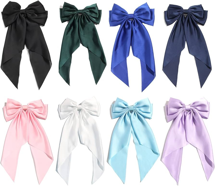 Pack of 8 Big Bow Hair Barrette Clips Soft Satin Silky Bowknot with long Tail French Barrette Hai... | Amazon (US)